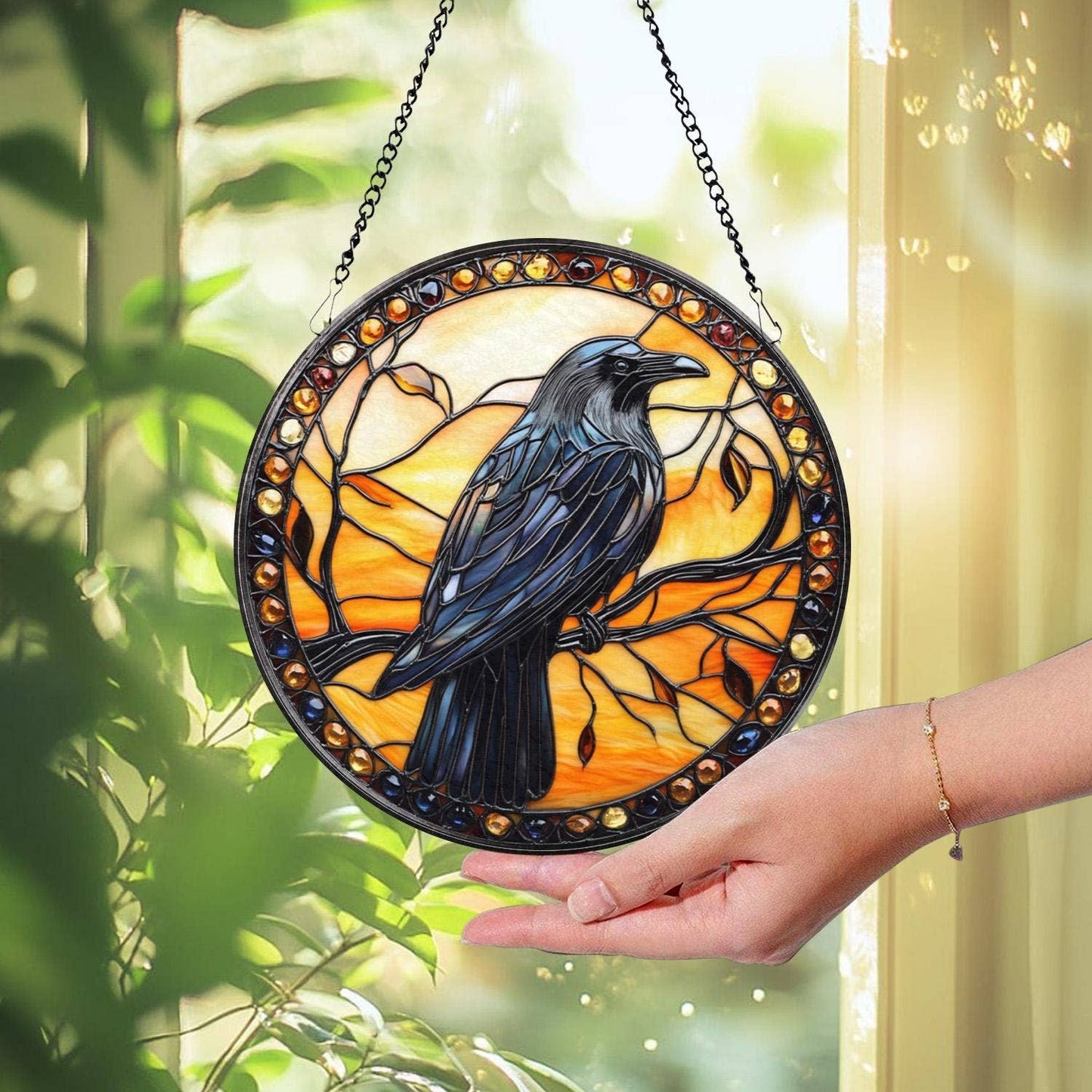 Black Raven Suncatcher, Gothic Crow Window Hanging Decor