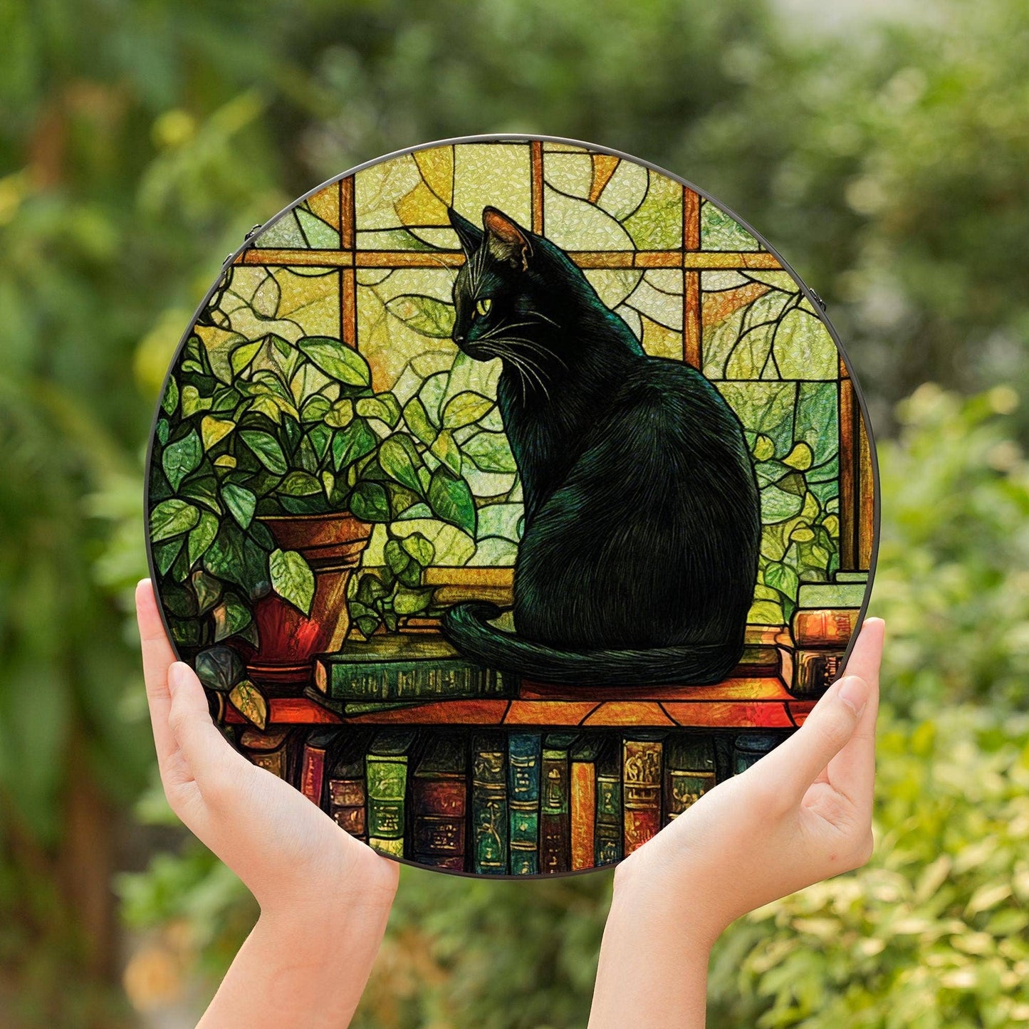 Black Cat with Books Glass Suncatcher, Book Lover Home Decor