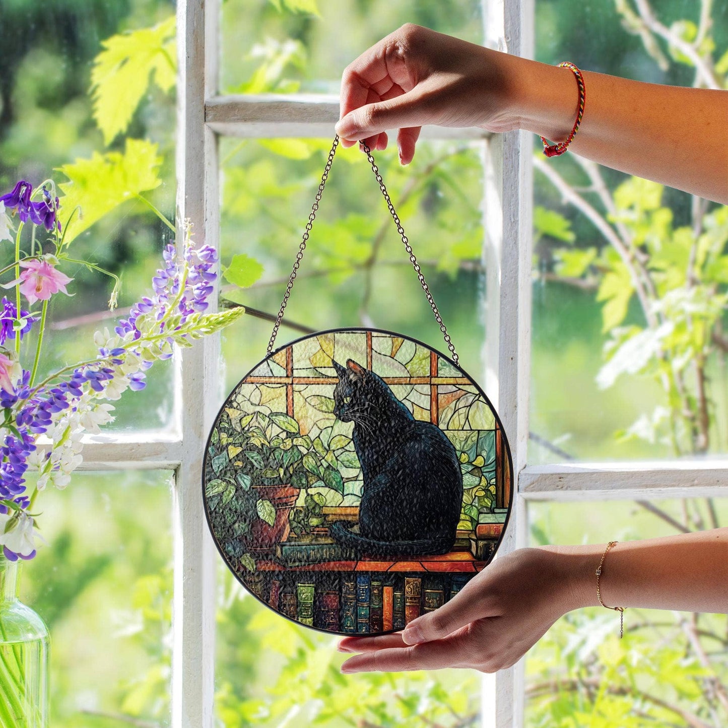 Black Cat with Books Glass Suncatcher, Book Lover Home Decor