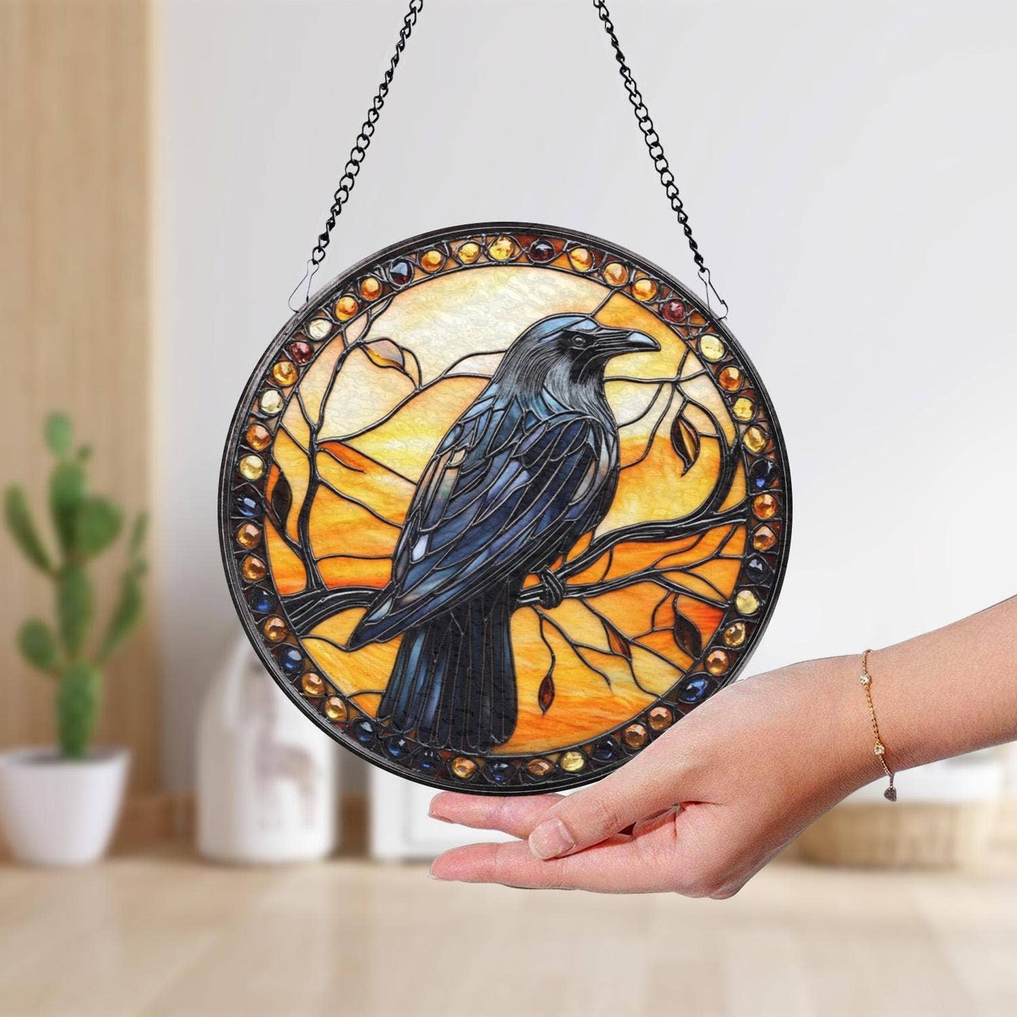 Black Raven Suncatcher, Gothic Crow Window Hanging Decor