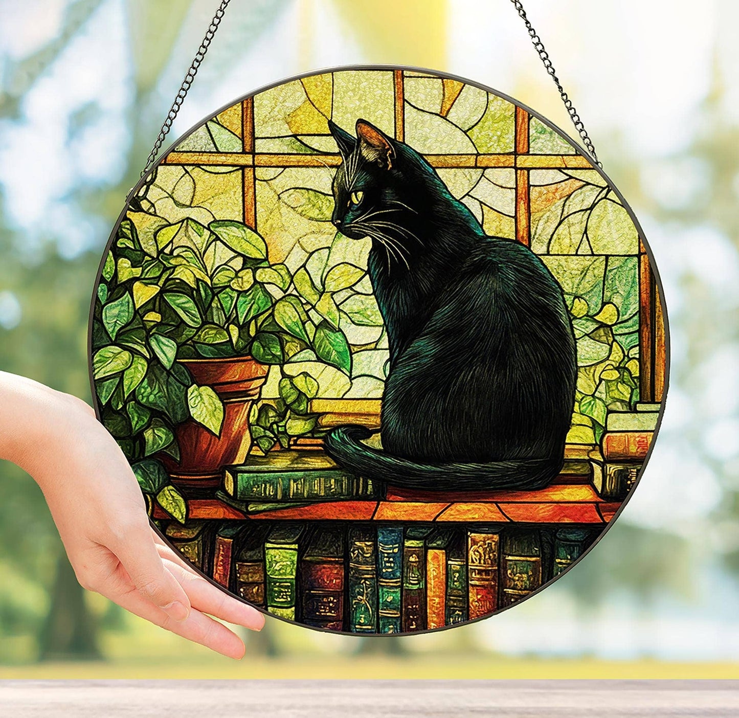 Black Cat with Books Glass Suncatcher, Book Lover Home Decor