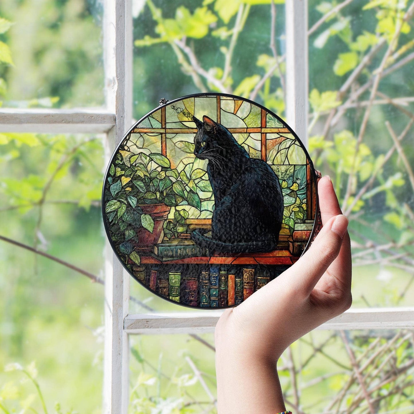 Black Cat with Books Glass Suncatcher, Book Lover Home Decor